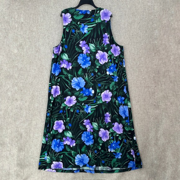 Stan Herman 2X Floral Sleeveless V Neck‎ Slinky Midi Dress Blue Purple Pockets - Picture 2 of 9
